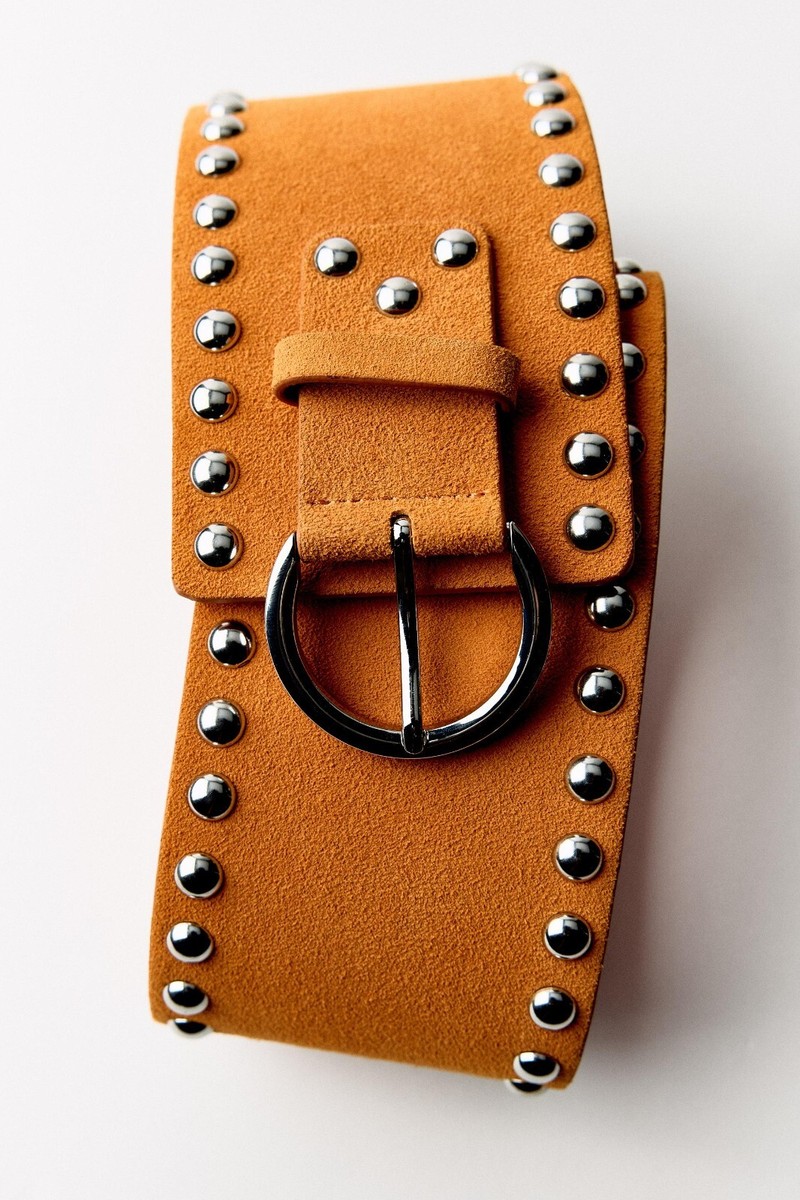 Zara Wide Studded Suede Leather Corset Belt Orange Size W30  display picture 3