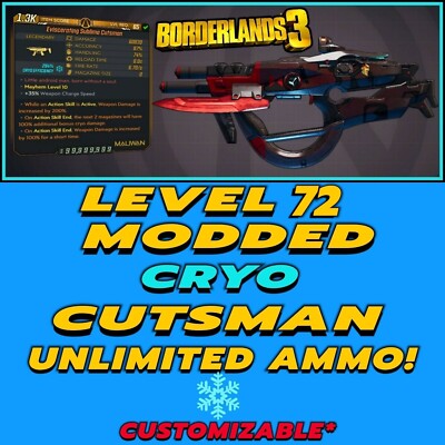 All Platforms Borderlands 3 Modded Cutsman MHM 10 Level 72 Cryo Infinite Ammo!
