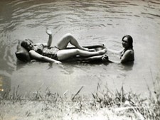 Young Women at Lake Beach USSR B&W Photo Snapshot 1979