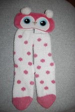Sleep Eye Mask  Fuzzy Cozy House Socks OWL FACE w/ POM POM EARS Pink White DOTS
