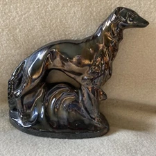 ROSEMEADE Pottery Wolfhound Borzoi Dog Sculpture Pearlescent Blk -Bronze BOOKEND