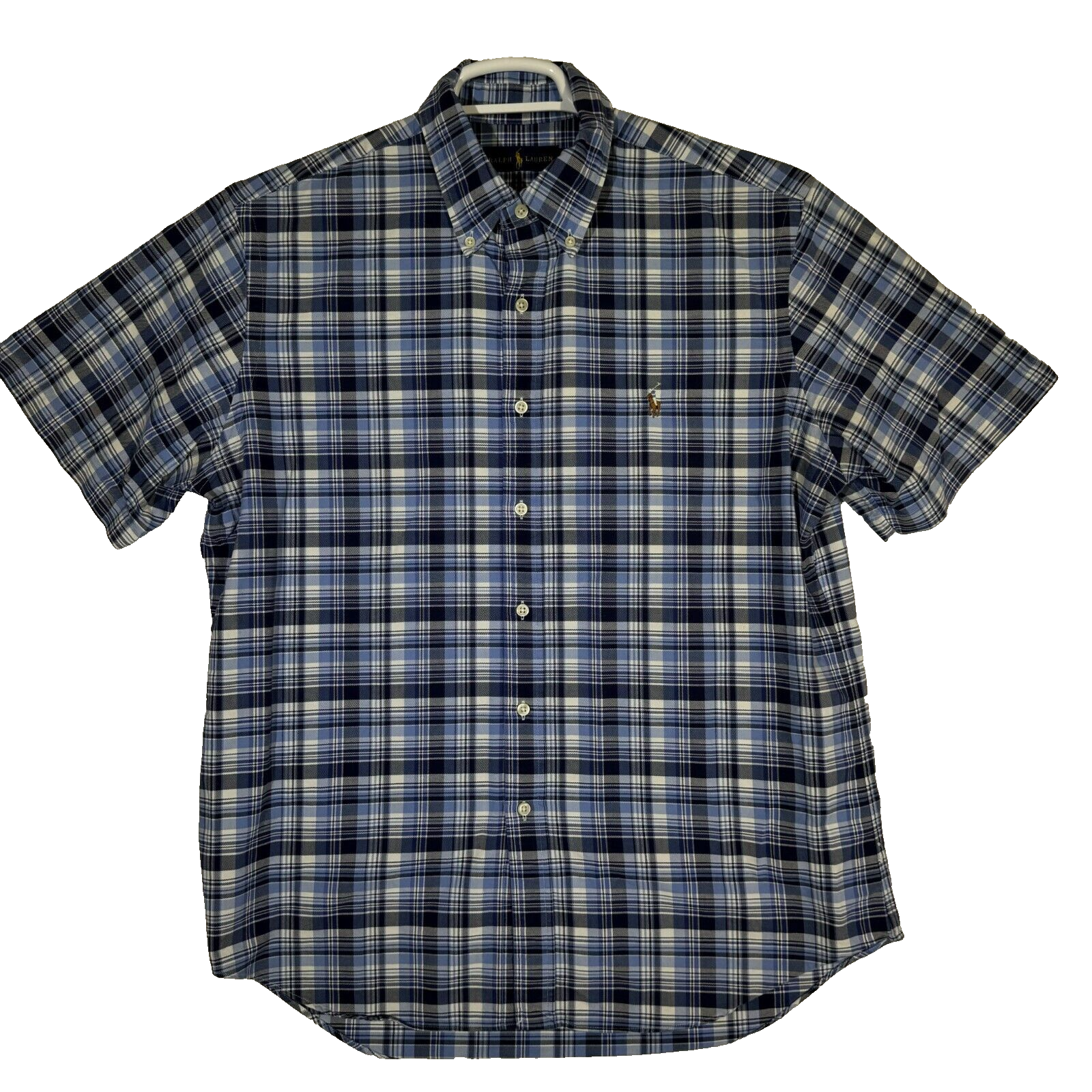 Ralph Lauren Camicia Uomo Grande Blu Plaid 100% Cotone Manica S Carne Pony M698