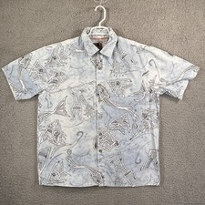 Quicksilver Shirt Mens L Blue Fisherman Fish Print Hawaiian Beach Tropical Aloha