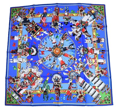 Hermes Schal Kachina Von Kermit Oliver 90 Cm Seide Native Blau Carre Vintage 35''