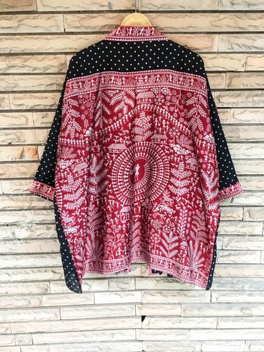 Spolverino kimono corto pura seta giacca cardigan mantello accappatoio sciolto nero KMS2556 - Foto 5 di 5