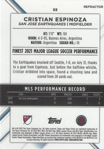 Tarjetas comunes base de fútbol Topps Finest Major League 2022 (51-60) refractor MLS - Imagen 6 de 20
