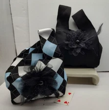 OOAK Children Handbag Purse Little Sister Totes Blue Black White w/Flower  (4-h)