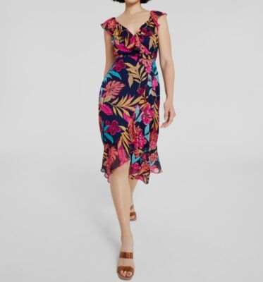 Kensie Women's Blue Floral Metallic Striped Ruffled V-Neck A-Line Dress  Size 10 | eBay