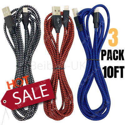 3 Pack Braided Charging Cable 10Ft For iPhone 11 X XR 8 7 iPad Fast Charge Cord