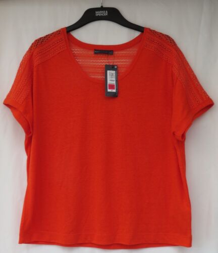 TOP DONNA MARKS AND SPENCER ARANCIONE BRILLANTE A MANICHE CORTE CON LINO TAGLIA 18 - Foto 4 di 8