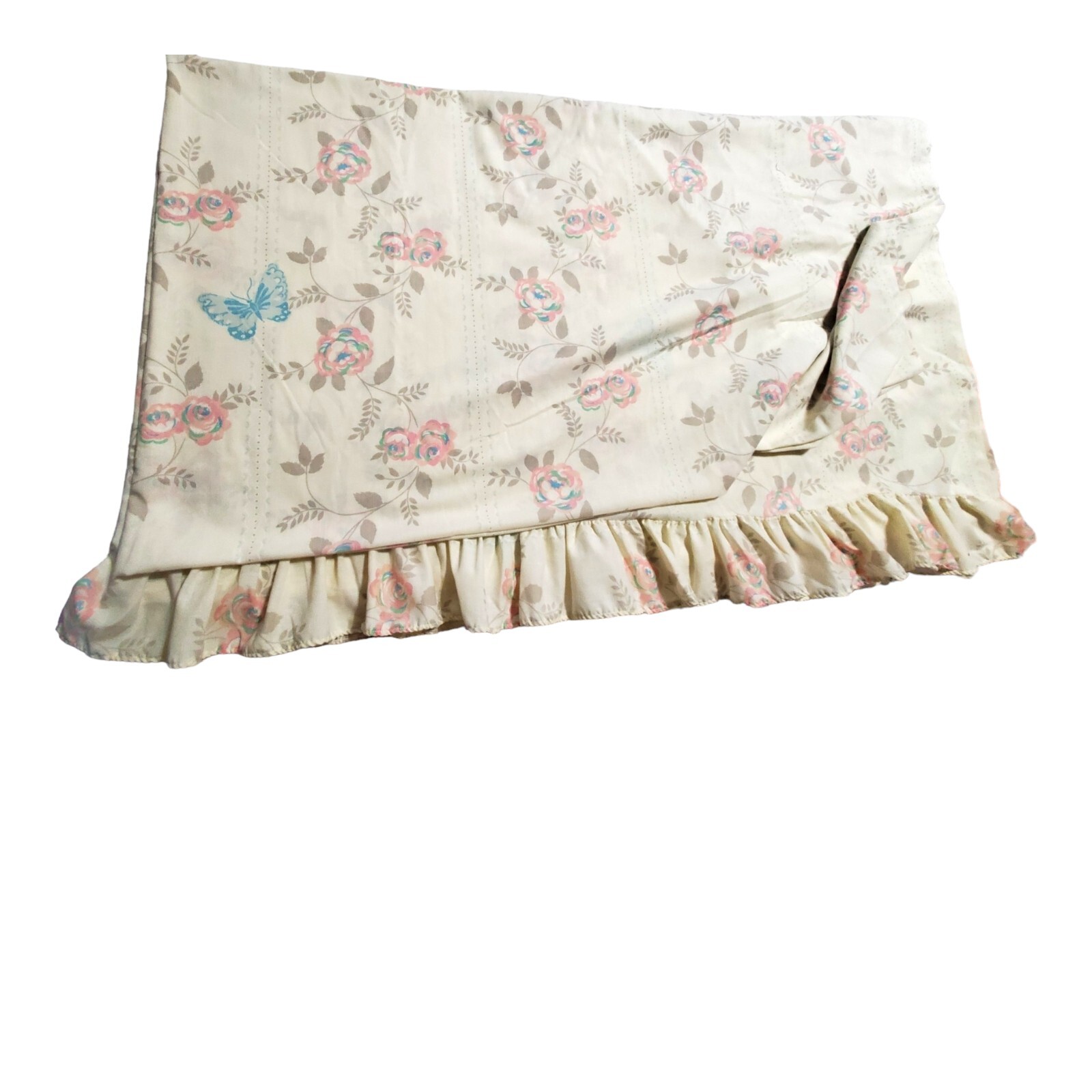 Vtg Wamsutta Superlin Double Flat Sheet And Pillowcase Butterfly Floral Ruffled