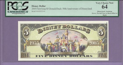 2005 $5 A First Issue Donald Duck ERROR NOTE Partial FACE to BACK OFFSET