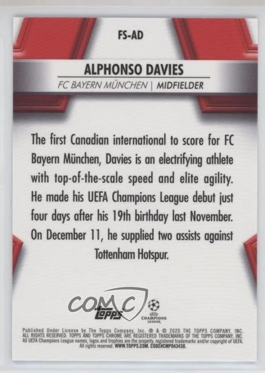 2019-20 Topps Chrome UCL Sapphire Edition Green Refractor /75 Alphonso Davies - Image 2 of 2