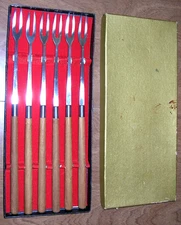 MCM Fondue Forks 6 Pc 2 Prong Stainless Steel Teak Wood Handle Japan