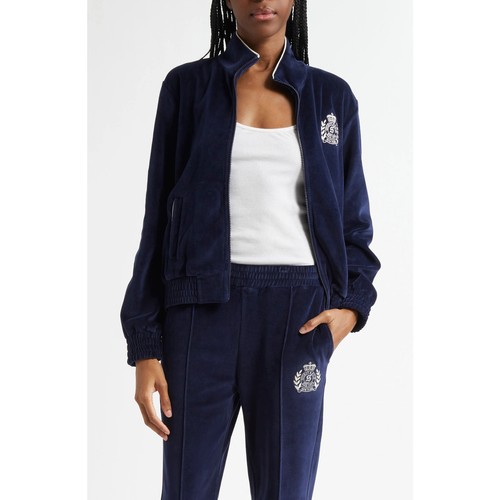 Sporty & Rich Crest Velour Track Jacket Logo Patch Preppy Old Money Athleisure M