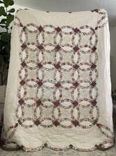 Vintage Double Wedding Ring Floral Quilt 84x84 Cottage Style