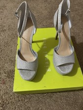 Gianni Bini Silver Glitter Platform Open Toe Ankle Strap Buckle Stiletto
