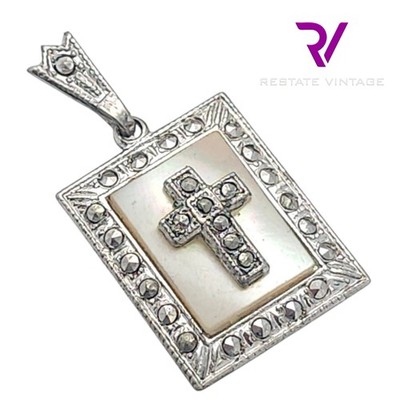 Anne Gale Sterling Silver Vintage Cross MOP Pendant With Marcasites