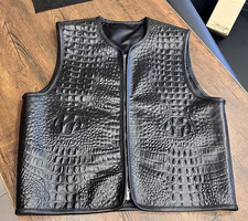 Men  s Black Reptile-Texture Leather Motorcycle Club Vest, Biker vest Zip Closure