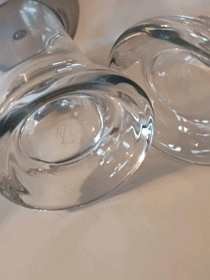 Set Ralph Lauren Clear Candlestick Holders 5" Chrome Like Top Unique Decorative - Image 4 of 4