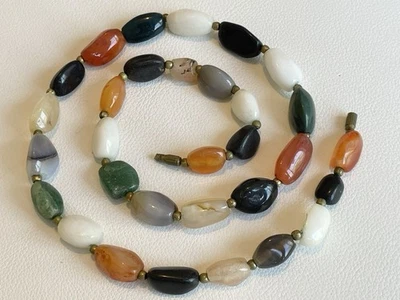 Vintage 1960s Beggar Bead Gemstone Necklace 58cm Mixed Agate Carnelian Boho - Image 1 of 4