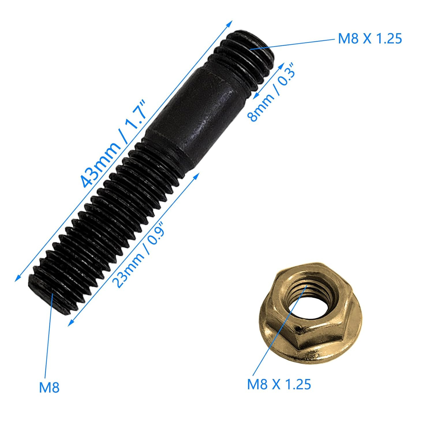 8 Sets 10.9 M8 X 43 CU SW13 M8 X 1.25 Stud Bolt Pin Screw Exhaust Manifold High 