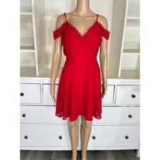 Lulus Cold Shoulder Dress Women Medium Red Lace Trim Surplice A-Line Mini