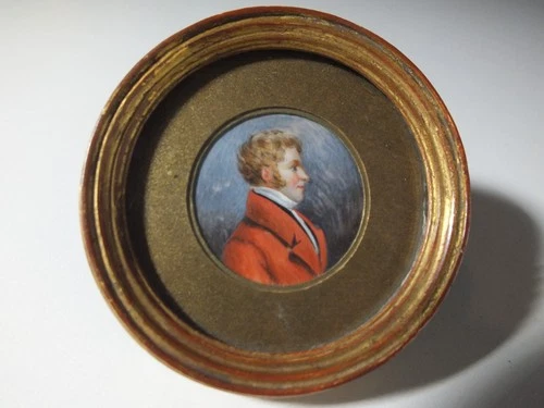 Antique 19th Century XIX Miniature Painting Portrait Young Man In Redingote