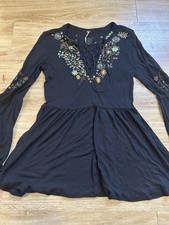 Free People Black Embroidered Diamond V Neck Bell Sleeve Tunic Mini Dress Small