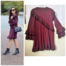 BP NEW Ruffles Bell Sleeves Knit Sweater Dress Whimsical Burgundy Black Tunic S