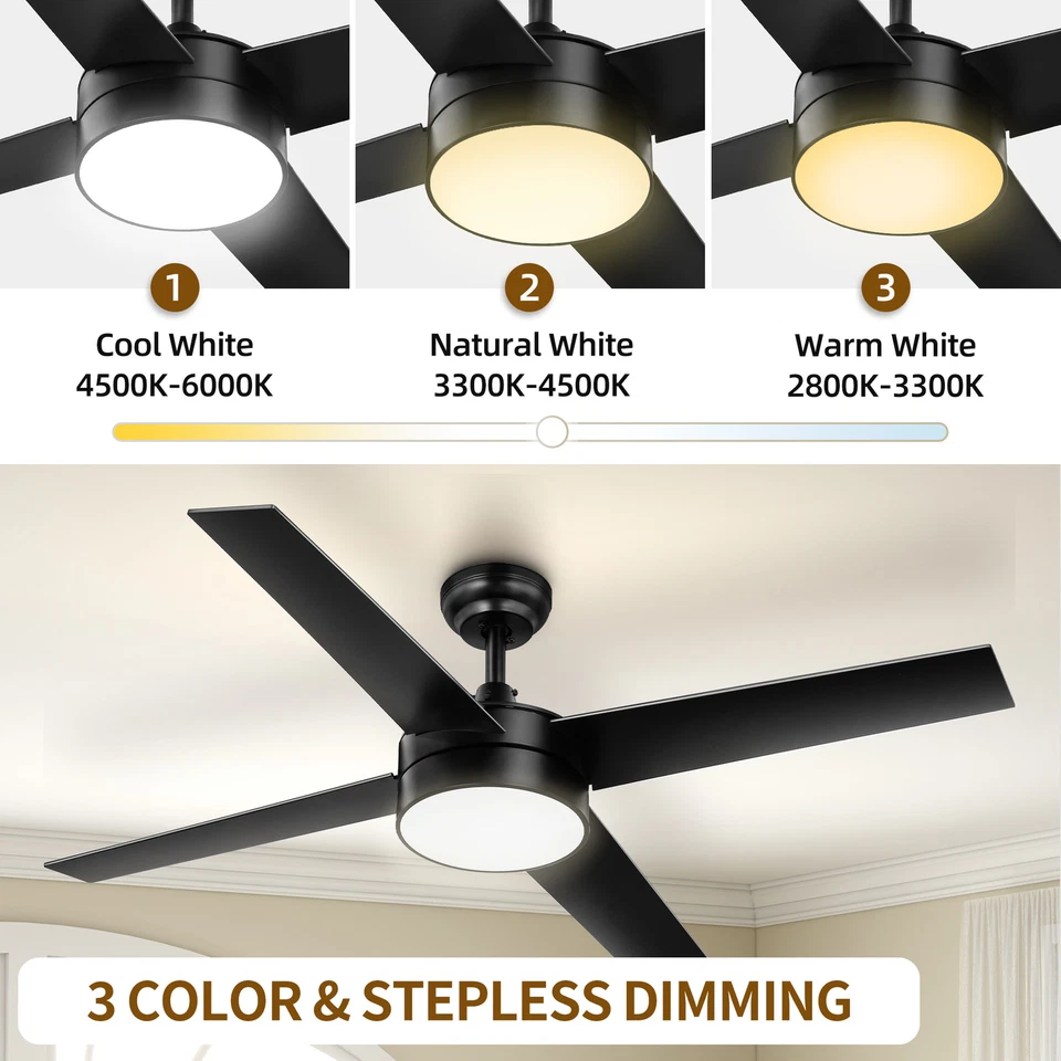 48" 4 Blades Lamp Indoor Control Remote Ceiling Fan with 3 Color LED Light w/ AC - Image 3 of 4