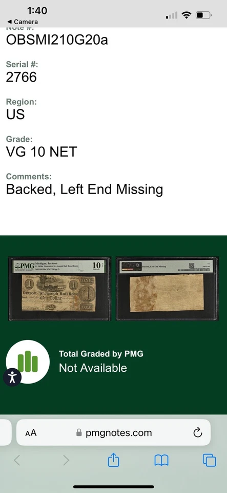 SASA 1830s Jackson Michigan $1 Detroit St Joseph Railroad Bank Pmg Net Vg10 - Image 3 of 3