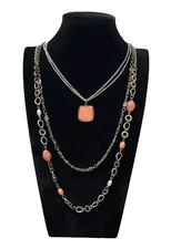 Four Strand Silver Toned Coral Beaded Necklace Adjustable 34" To 37"