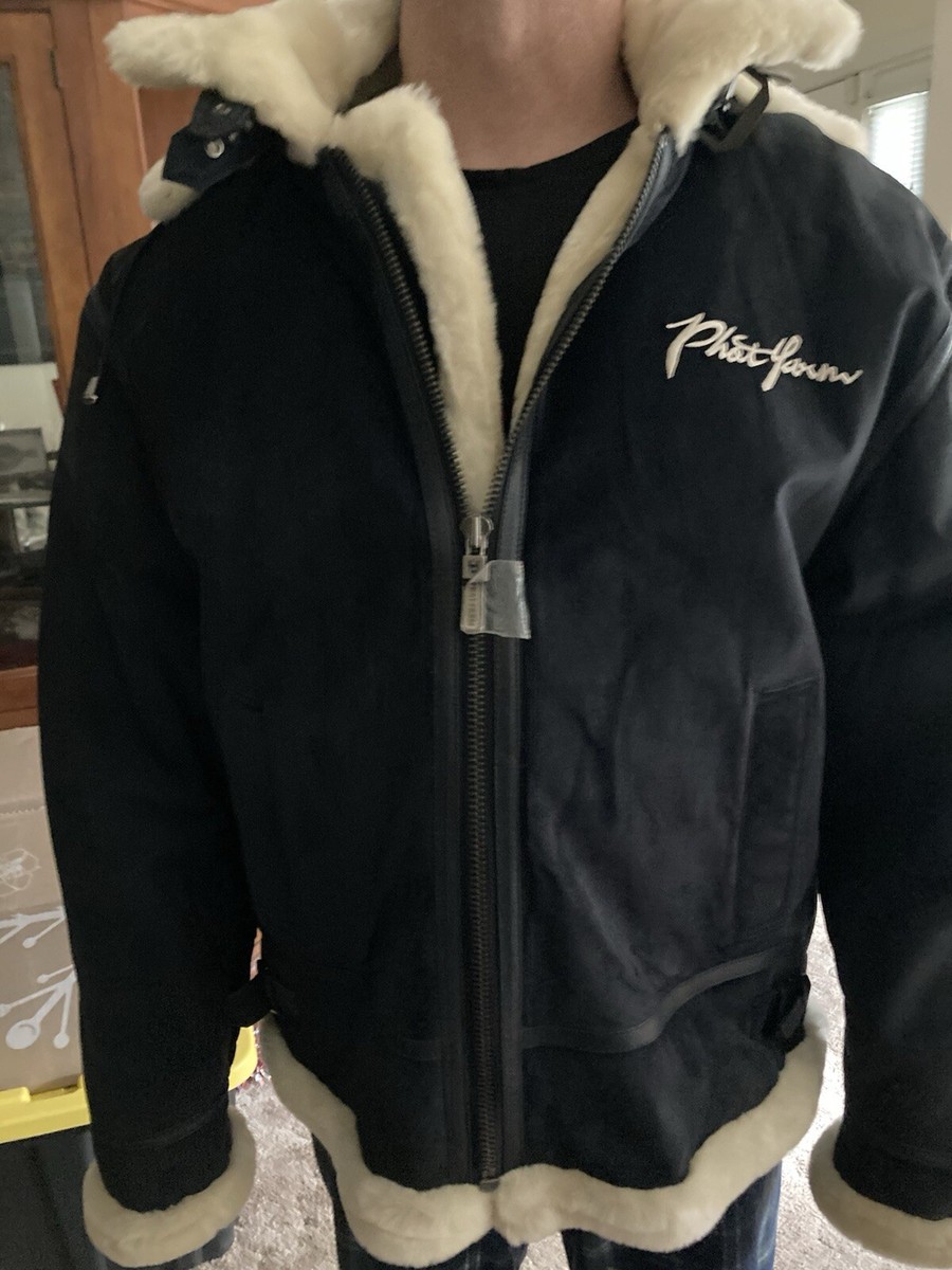 Phat Farm Jacket Mens Xl Shearling Suede Bomber Aviator Coat Blue