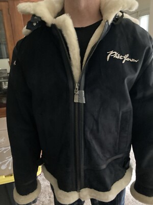 Phat Farm Jacket Mens Xl Shearling Suede Bomber Aviator Coat Blue Vintage 