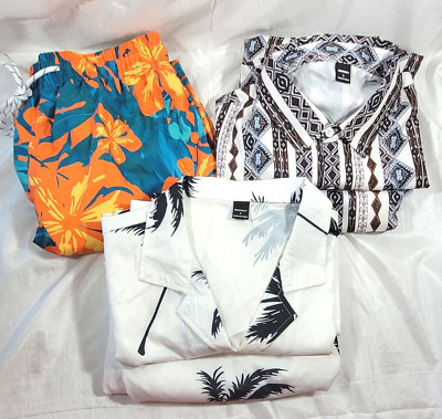 Shein Manfinity LOT: 2 Shorts & Shirt Sets, 1 Swim Trunks - Large - NWOT