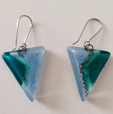 Green And Blue Handmade Art Glass Triangle 1.75" Long Earrings-Rhodium Metal
