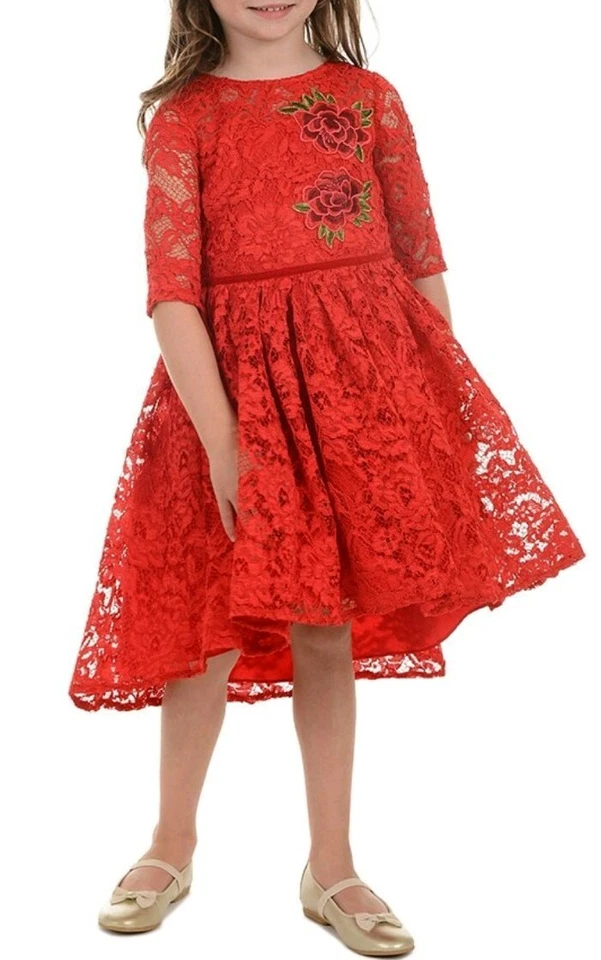 Laura Ashley Little Girl's Pretty In Red Lace & Roses Fanciful Dress-Size-6 - Image 4 of 4
