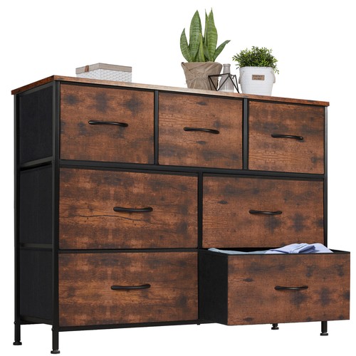 Modern 7-Drawer Dresser Storage Tower Cabinet with Fabric Bins Wood Top - Picture 12 of 13