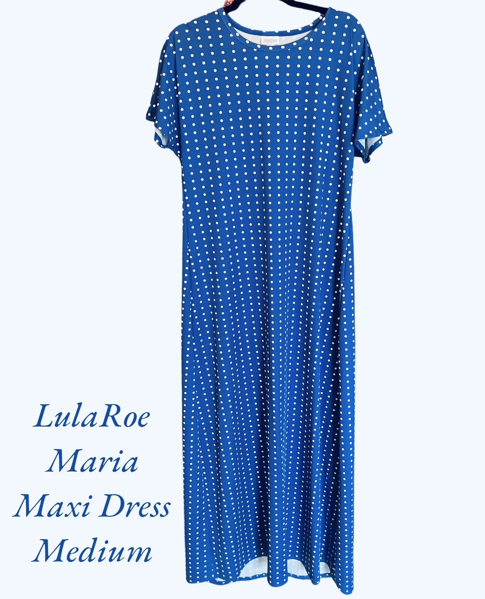 NWT LulaRoe Maria Maxi Dress- Blue w/White Polka Dots- Scuba Material-  Medium