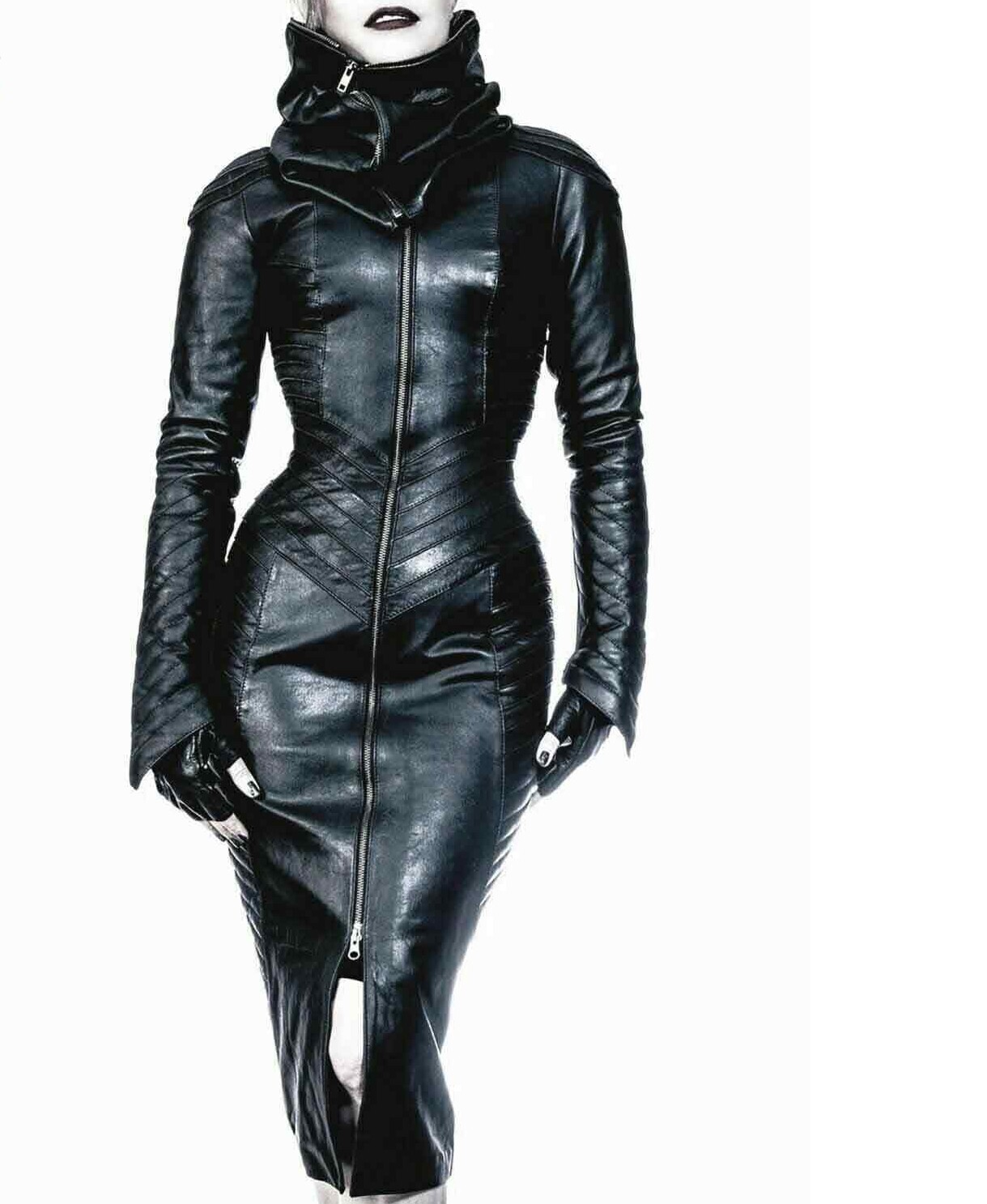MUJER CUERO REAL GÓTICO BODY CREMALLERA SEPARADA CAPUCHA STEAMPUNK CUERO VESTIDO