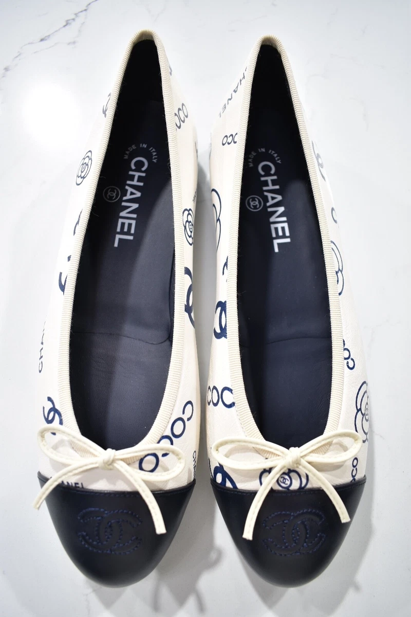 Chanel 23P White Navy Blue CC Logo Cap Toe Bow Tie Ballet