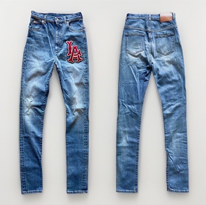 GUCCI⚡️"LA" embroidered patch logo ink stamp faded denim skinny jeans size 25
