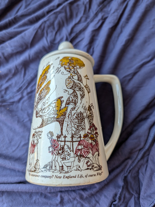 Vintage New England Life Ceramic Beer Stein Pitcher w Lid Advertising