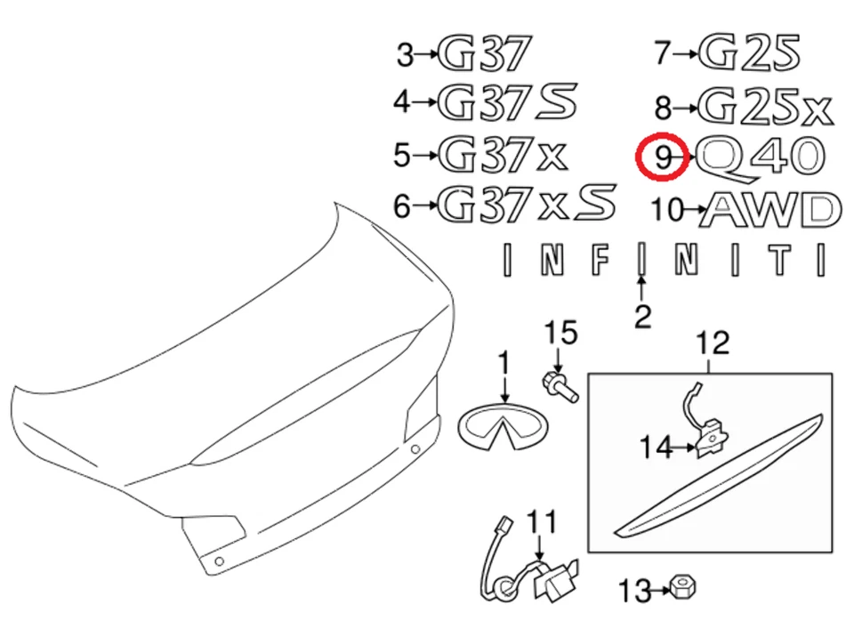 Tapa Trasera Emblema Maletero Infiniti Q40 Genuino Nueva (2015-2015) OE 848946WJ0A Foto 2 de 4