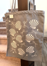 Gray Cotton Canvas Tote Bag 17"x14  Double Handles Beachy Summer SHELLS  BOWS