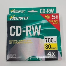 Memorex 5 Pack High Speed Blank CD-RW 4x  700MB/Mo 80 Minutes with Cases Sealed