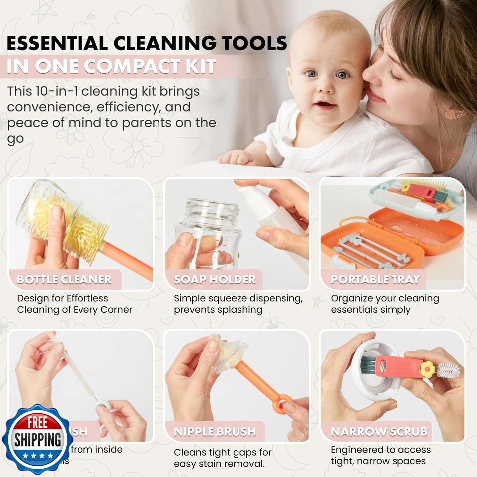 10-in-1 Baby Bottle Cleaner Brush Set – Travel-Friendly Kit with Silicone Bot - Image 3 of 4