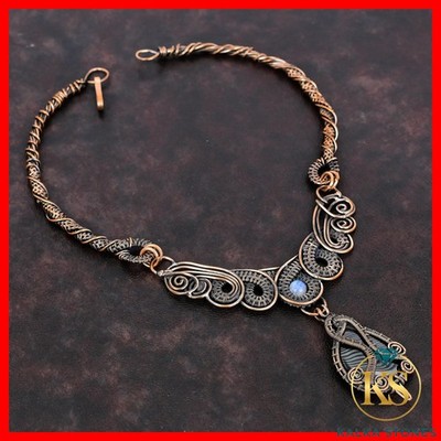 Oval Psilomelane Stone Rainbow Moonstone Copper Hook Wire Wrapped Chain Necklace