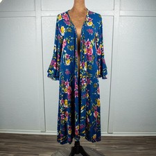 Grace Emma Floral Duster Kimono Blue Boho Open Front Rayon Cardigan S M